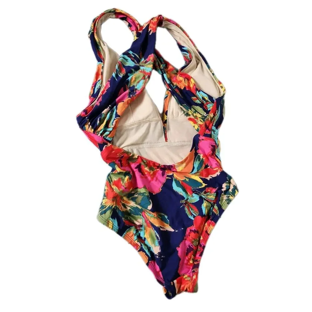 Sea Angel Swimsuit Size Small Blue Floral Monet Deep V Neck Wrap Back One Piece - Picture 2 of 6